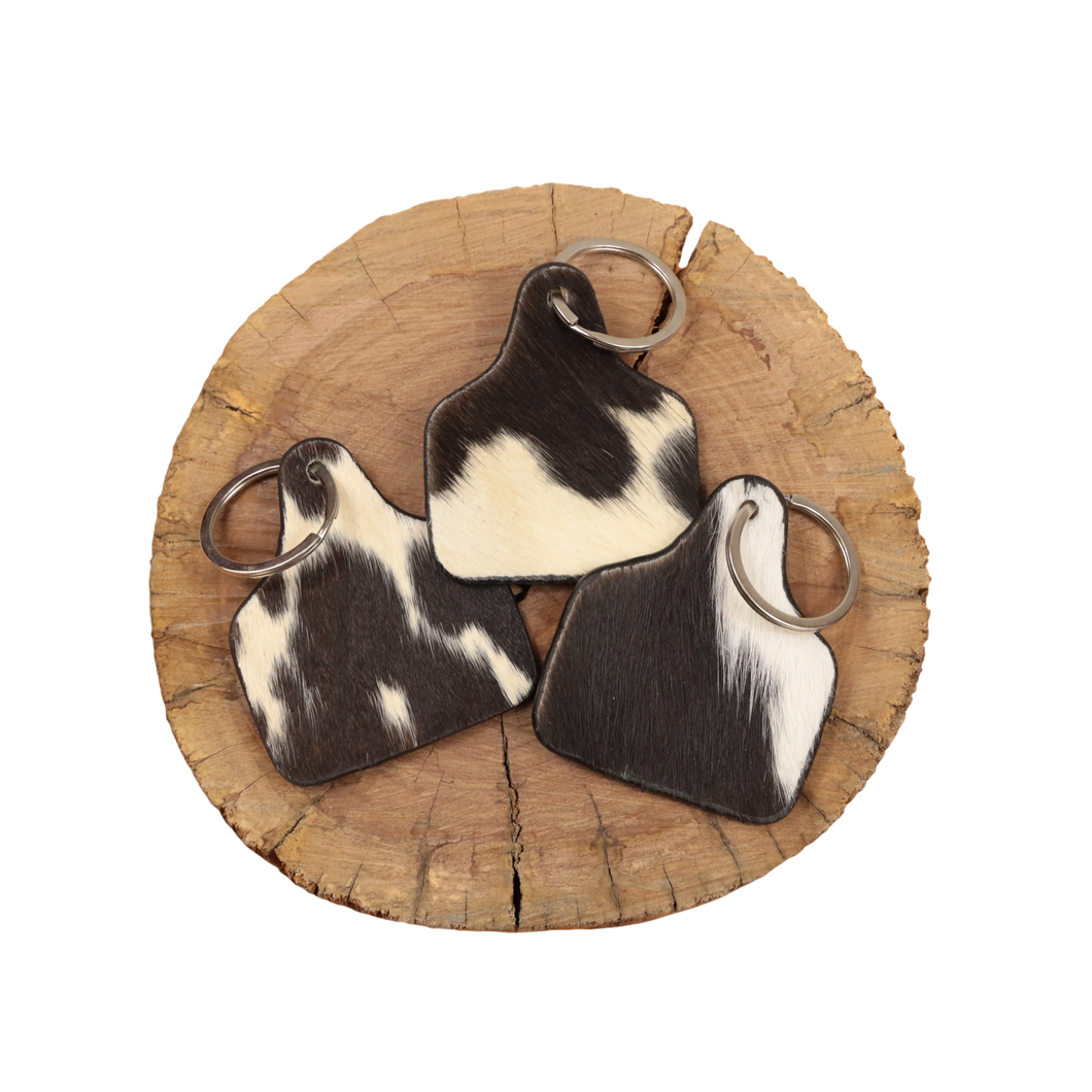 Country Allure - Cowhide Cattle Tag Keychain - Black/White Patch