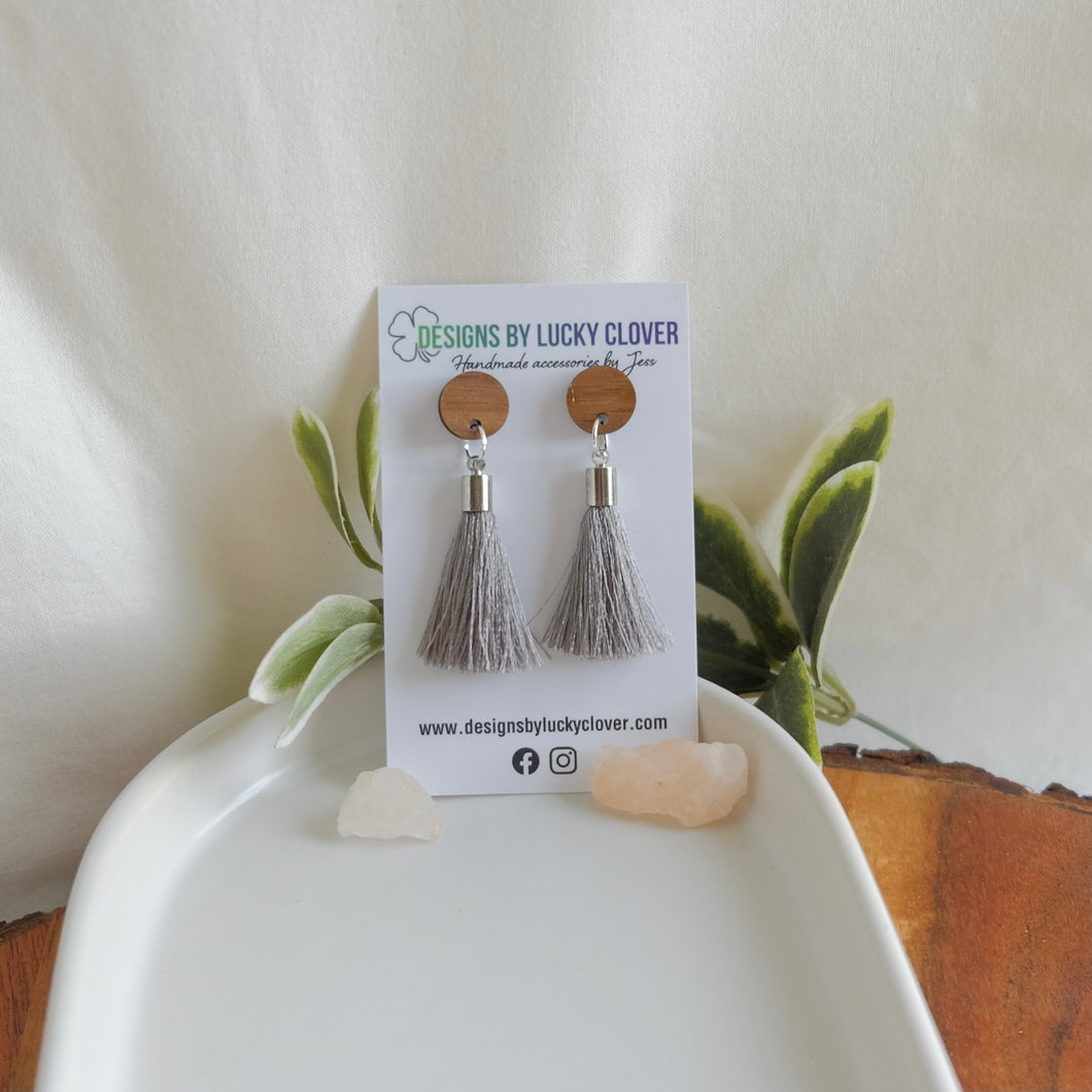 Grey Tassel & 12mm Wooden Dangle Earrings