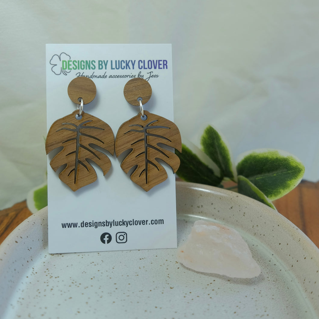 Wooden Monstera Dangle Earrings