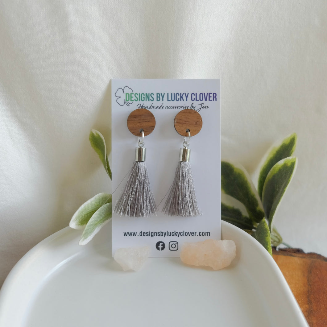 Grey Tassel & 15mm Wooden Dangle Earrings