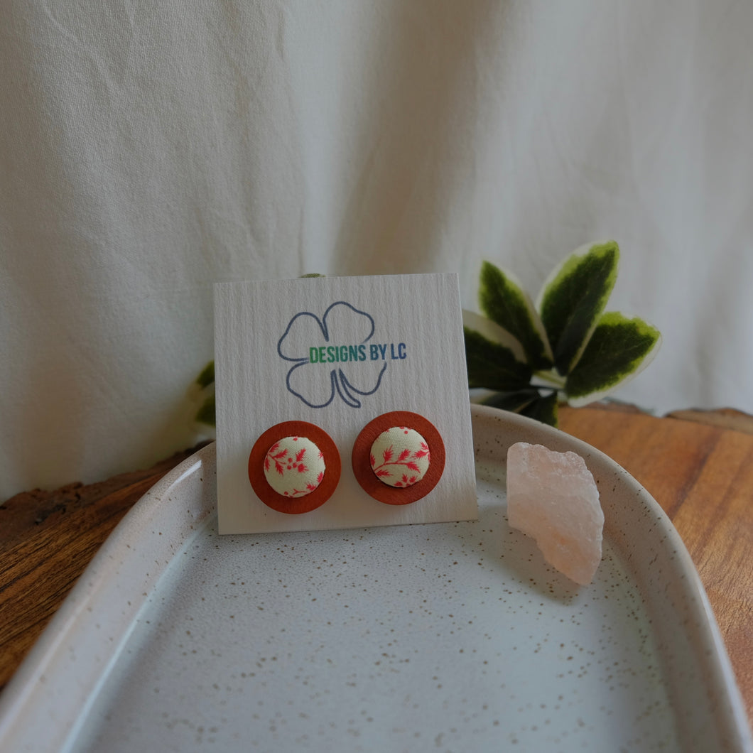 15mm Cream With Coral Leaves Wooden Earrings