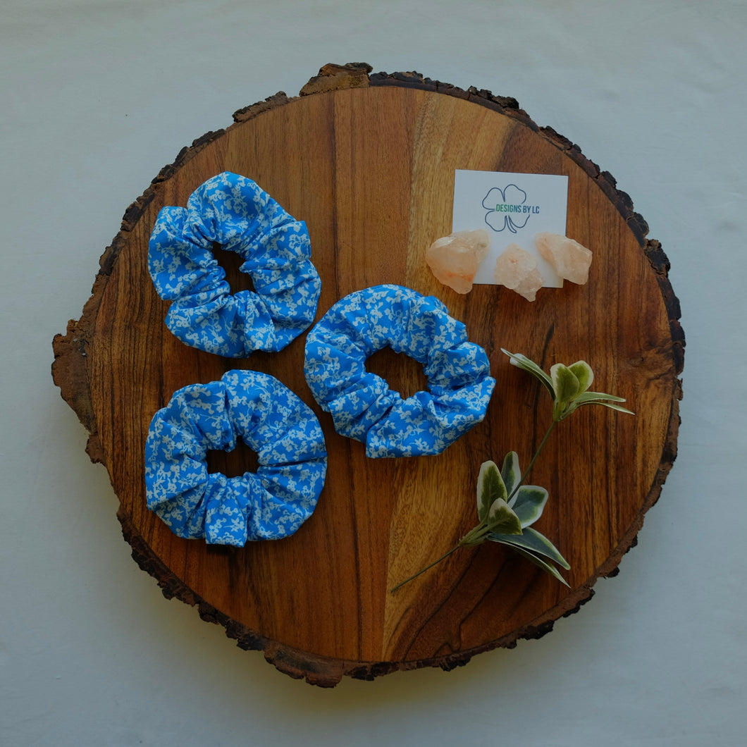 Blue with White Leaves Scrunchie