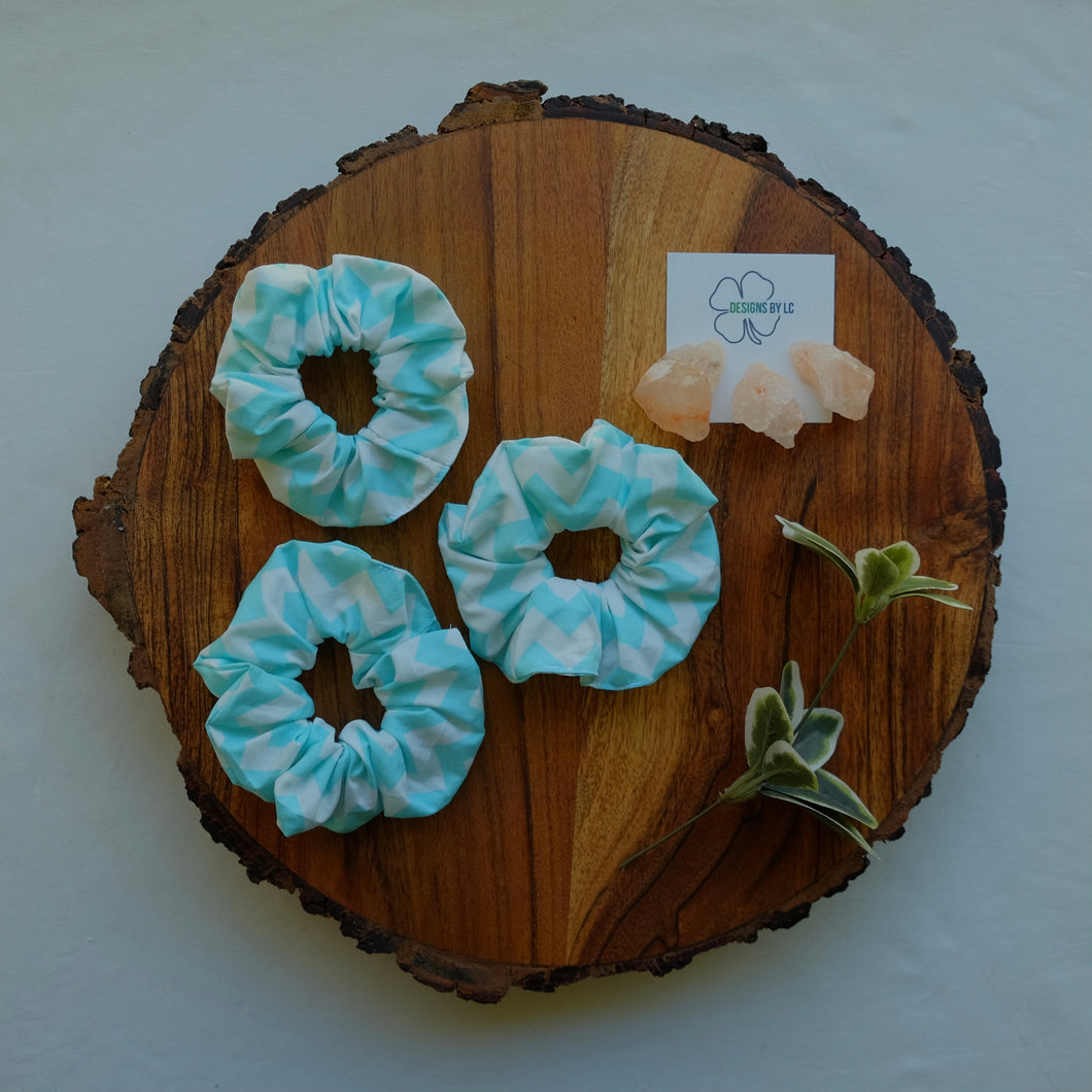 Turquoise & White Zig Zag Scrunchie